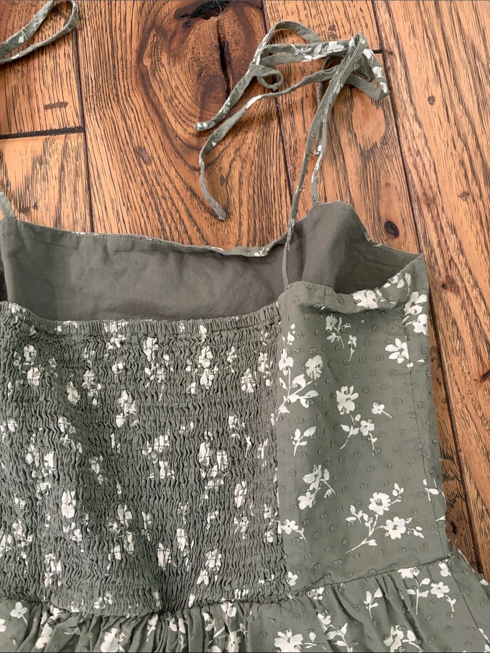 Altar'd State Olive Green Floral Tiered Sundress with White Print